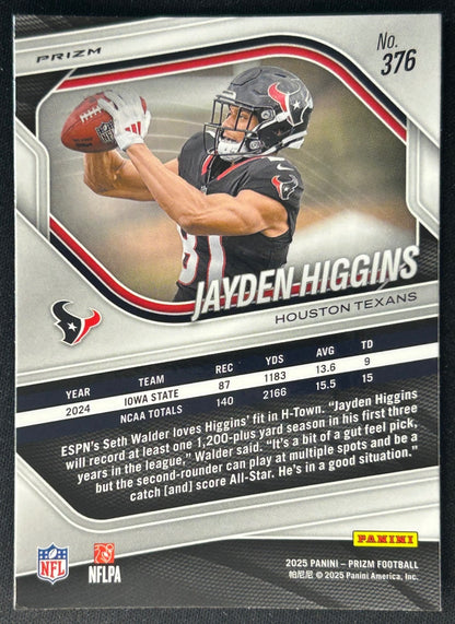 Jayden Higgins 2025 Prizm Orange Ice Prizms Texans - back
