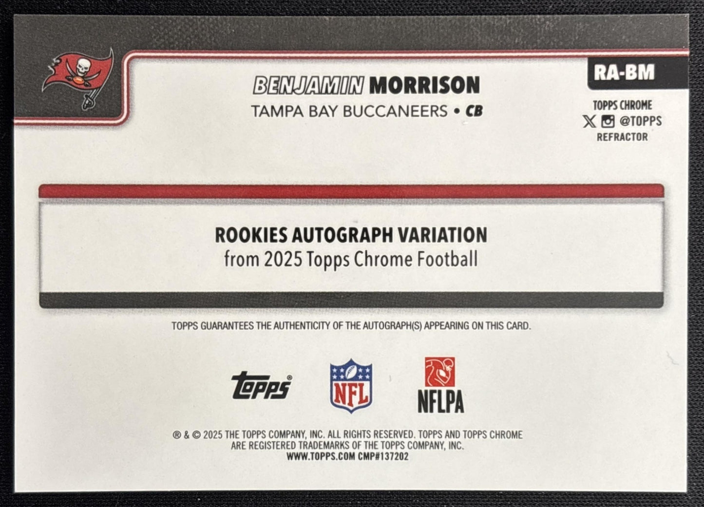 Benjamin Morrison 2025 Topps Chrome Rookie Auto Refractor /499 Buccaneers Sports Trading Cards