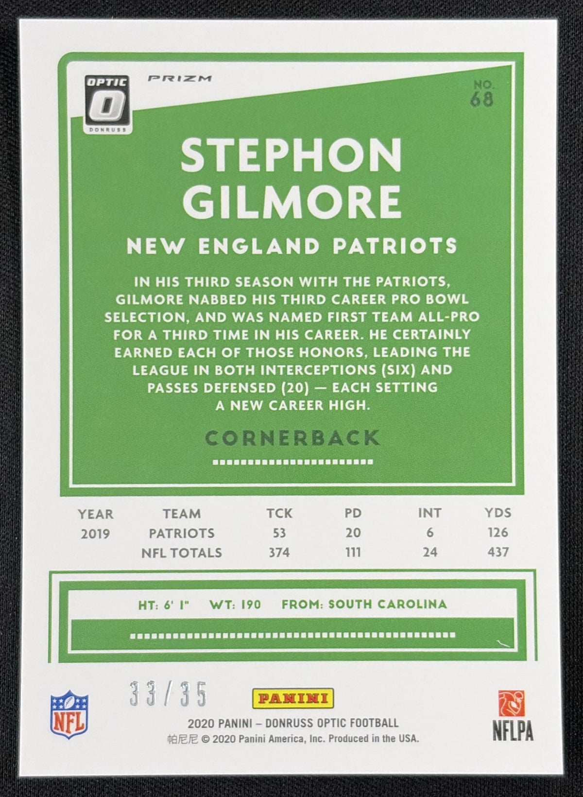 Stephon Gilmore 2020 Panini Donruss Optic Lime Green Prizm /35 Patriots