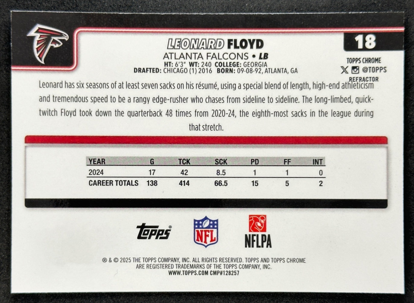 Leonard Floyd 2025 Topps Chrome Refractor Falcons Sports Trading Cards