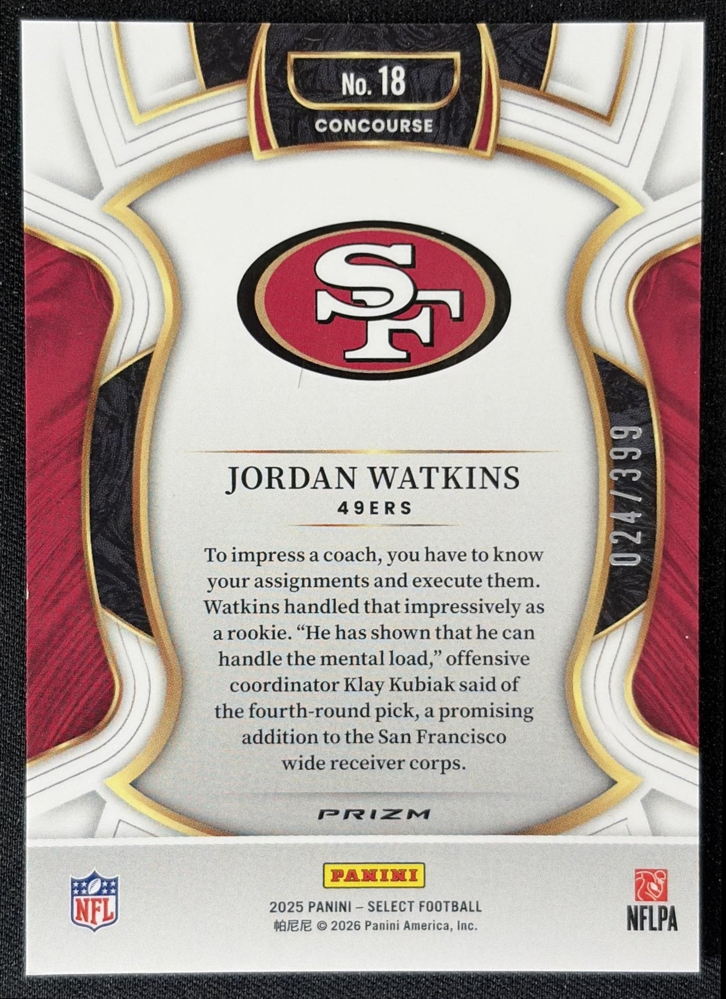 Jordan Watkins 2025 Panini Select Concourse Tri-Color Prizm /399 49ers back