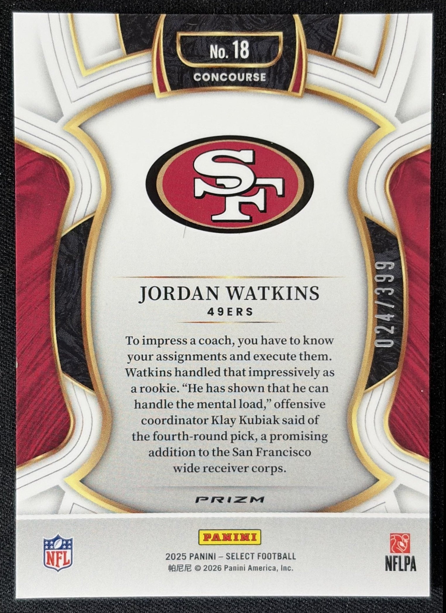 Jordan Watkins 2025 Panini Select Concourse Tri-Color Prizm /399 49ers back
