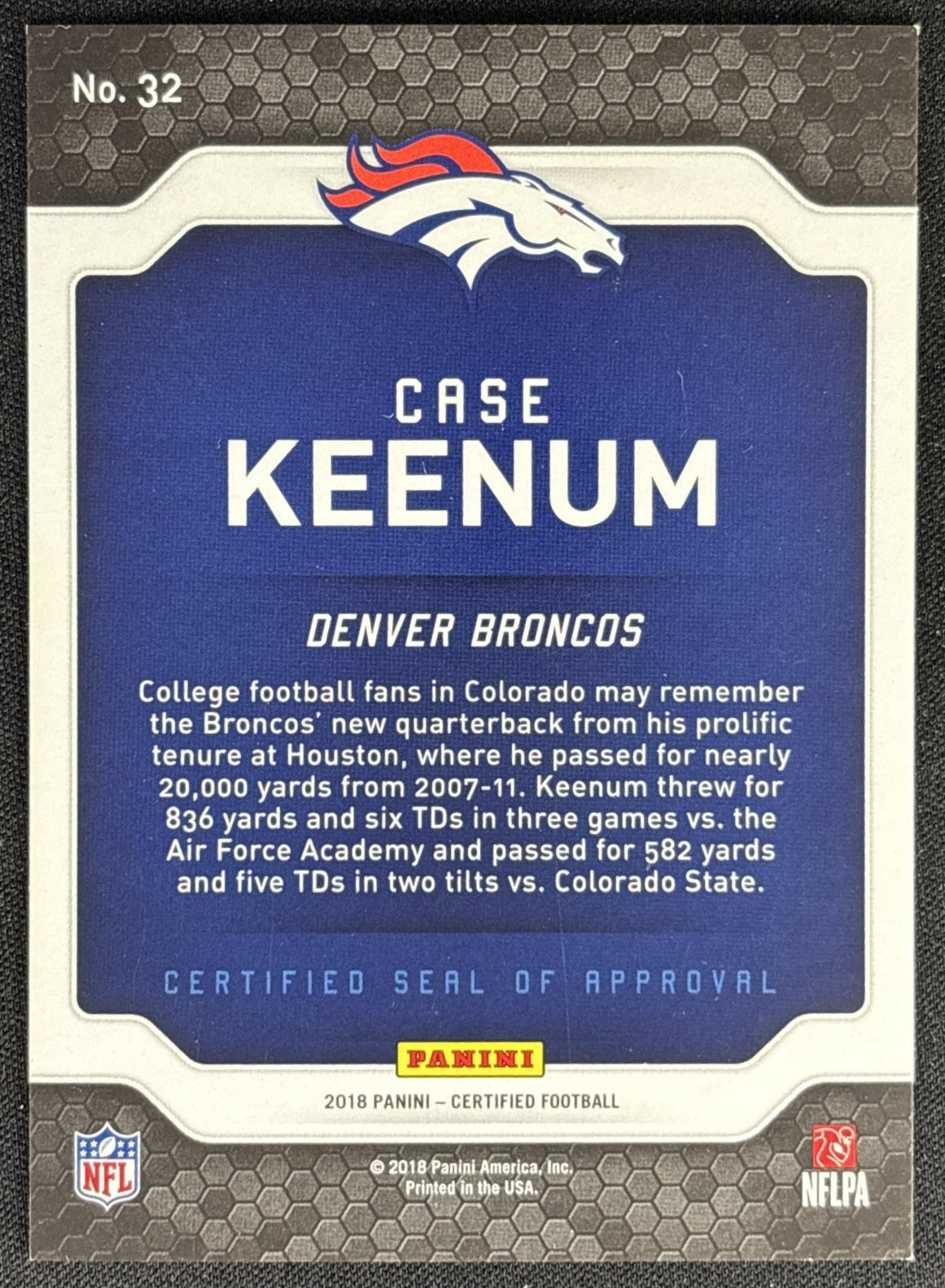 Case Keenum 2018 Panini Certified Seal of Approval Mirror Purple /10 Broncos Sports Trading Card