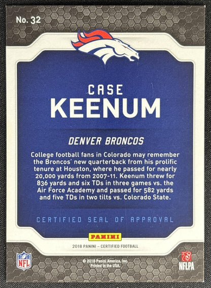 Case Keenum 2018 Panini Certified Seal of Approval Mirror Purple /10 Broncos Sports Trading Card