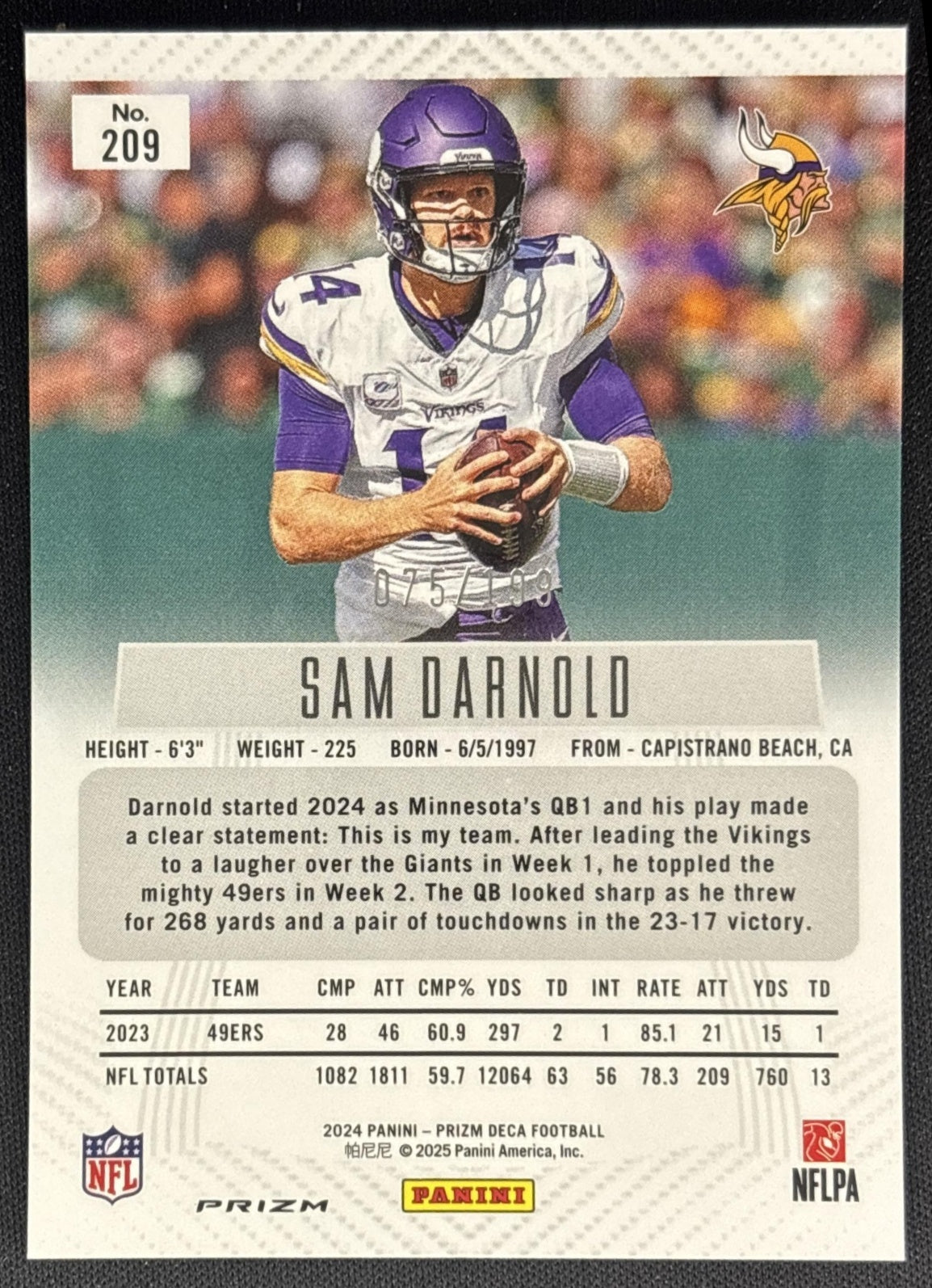 Sam Darnold 2024 Panini Prizm Deca Red /199 Vikings Sports Trading Cards