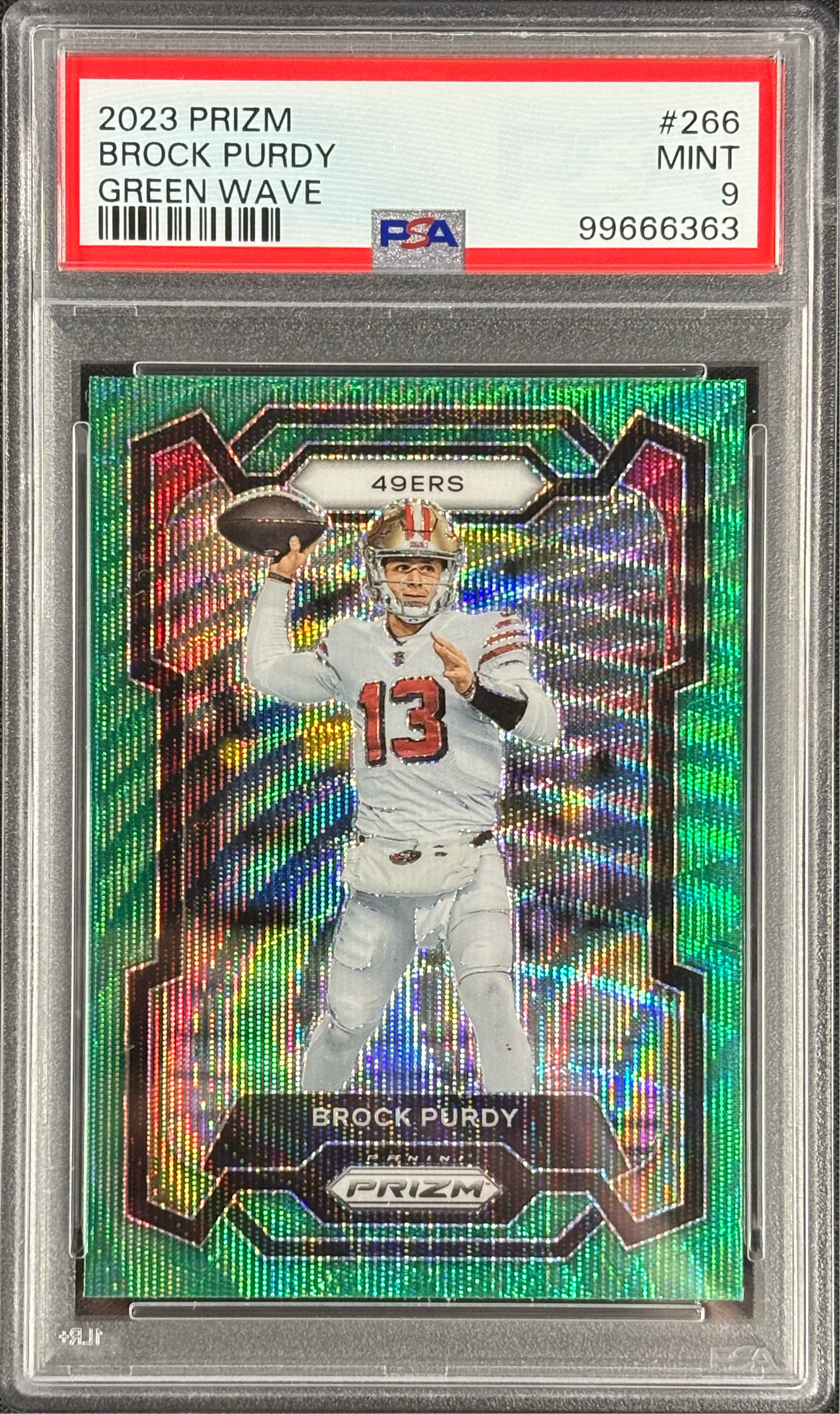 Brock Purdy 2023 Prizm Green Wave PSA 9 Gem Mt San Francisco 49ers #266