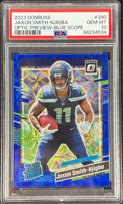 Jaxon Smith-Njigba 2023 Donruss Blue Scope Optic Preview PSA 10 Gem Mt #390 Seattle Seahawks