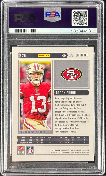 Brock Purdy 2022 Chronicles Luminance Update Rookies PSA 10 Gem Mt #213 RC San Francisco 49ers