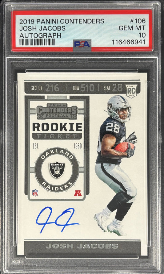 Josh Jacobs 2019 Contenders Rookie Ticket Auto PSA 10 Raiders