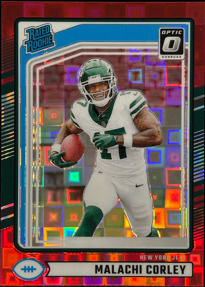 Malachi Corley Optic-Preview Red Pandora Rookie Jets Sports Card