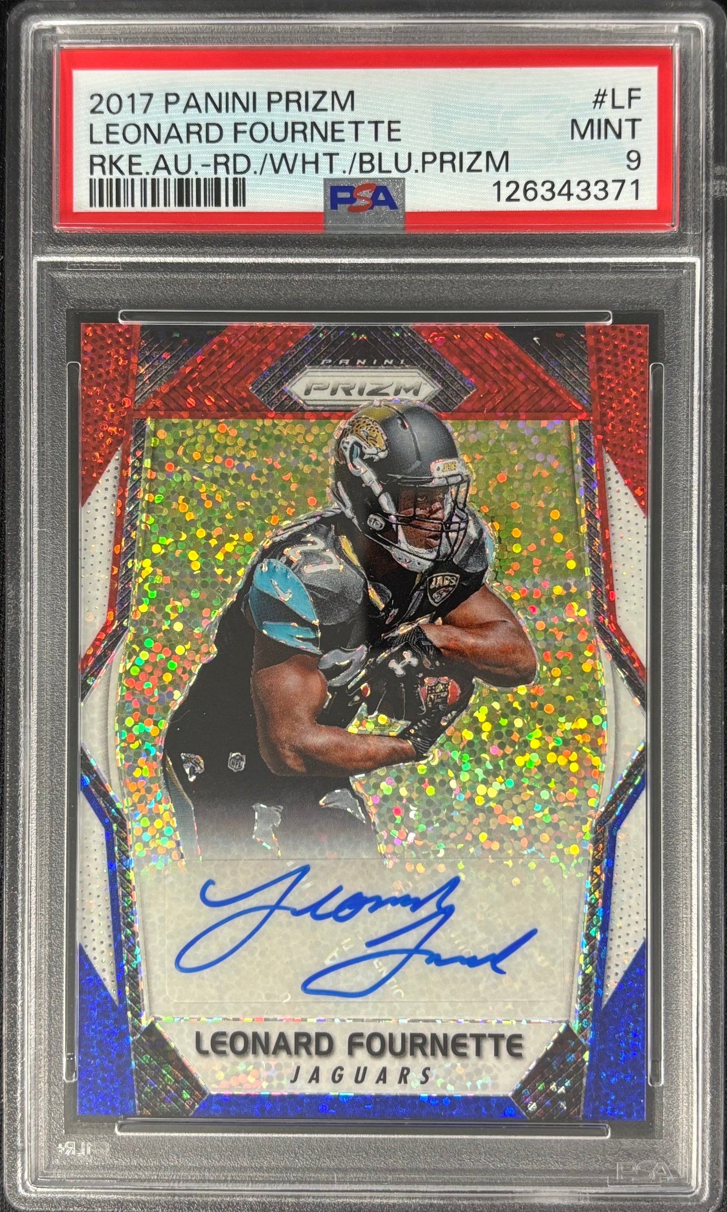 Leonard Fournette 2017 Prizm Red White Blue Auto PSA 9 Jaguars