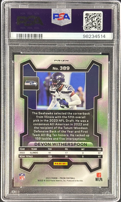 Devon Witherspoon 2023 Prizm Purple Pulsar PSA 10 Gem Mt #389 Seattle Seahawks Rookie RC