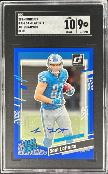 Sam LaPorta Donruss Blue Press Proof Auto SGC 9 Auto 10 Rated Rookie Lions