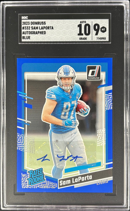 Sam LaPorta Donruss Blue Press Proof Auto SGC 9 Auto 10 Rated Rookie Lions