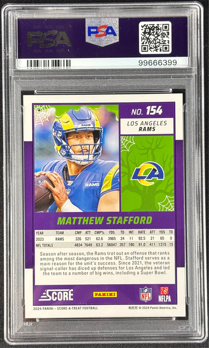 Matthew Stafford 2024 Score-A-Treat Candy Foil /99 PSA 10 Gem Mt #154 Los Angeles Rams Black Trick or Treat