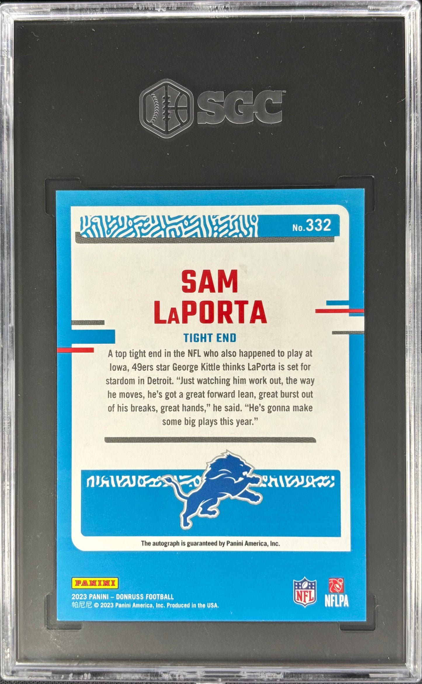 Sam LaPorta Donruss Blue Press Proof Auto SGC 9 Auto 10 Rated Rookie Lions