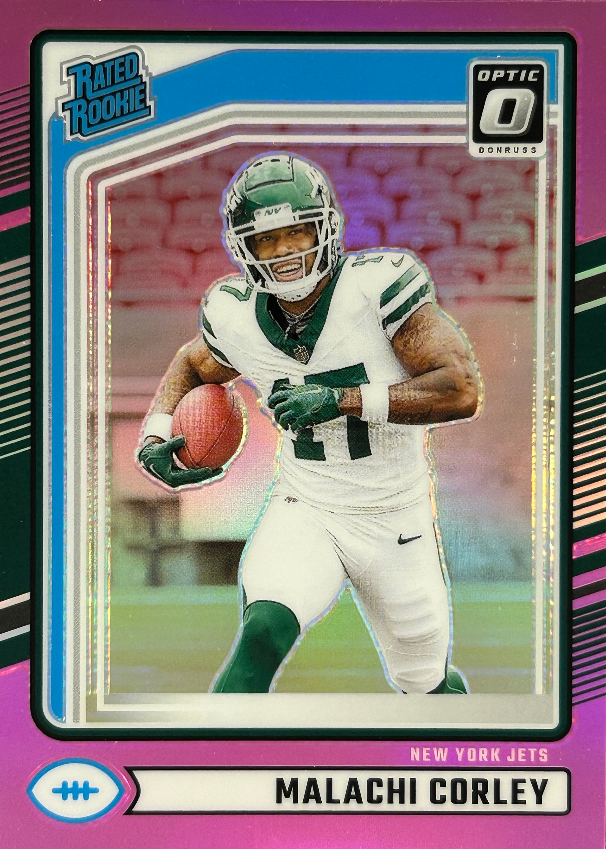 Malachi Corley Optic Pink Preview Rated Rookie Jets Sports Card