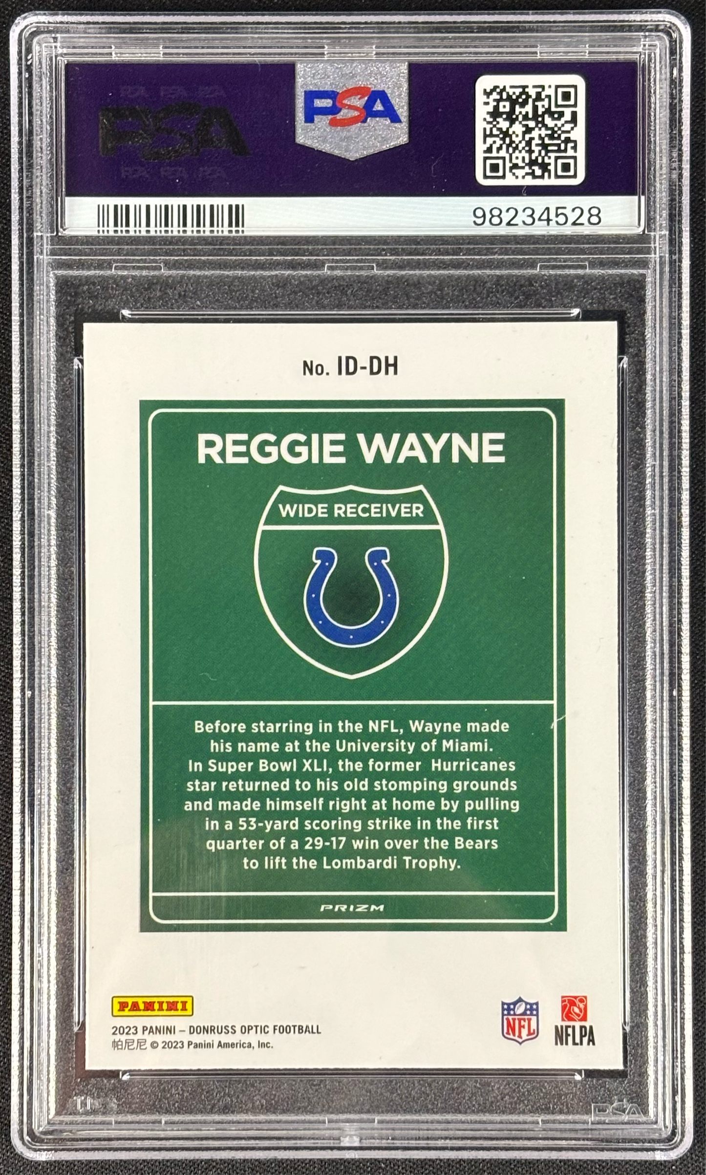 Reggie Wayne 2023 Donruss Optic Super Bowl Downtown! PSA 10 #ID-DH Indianapolis Colts Case Hit