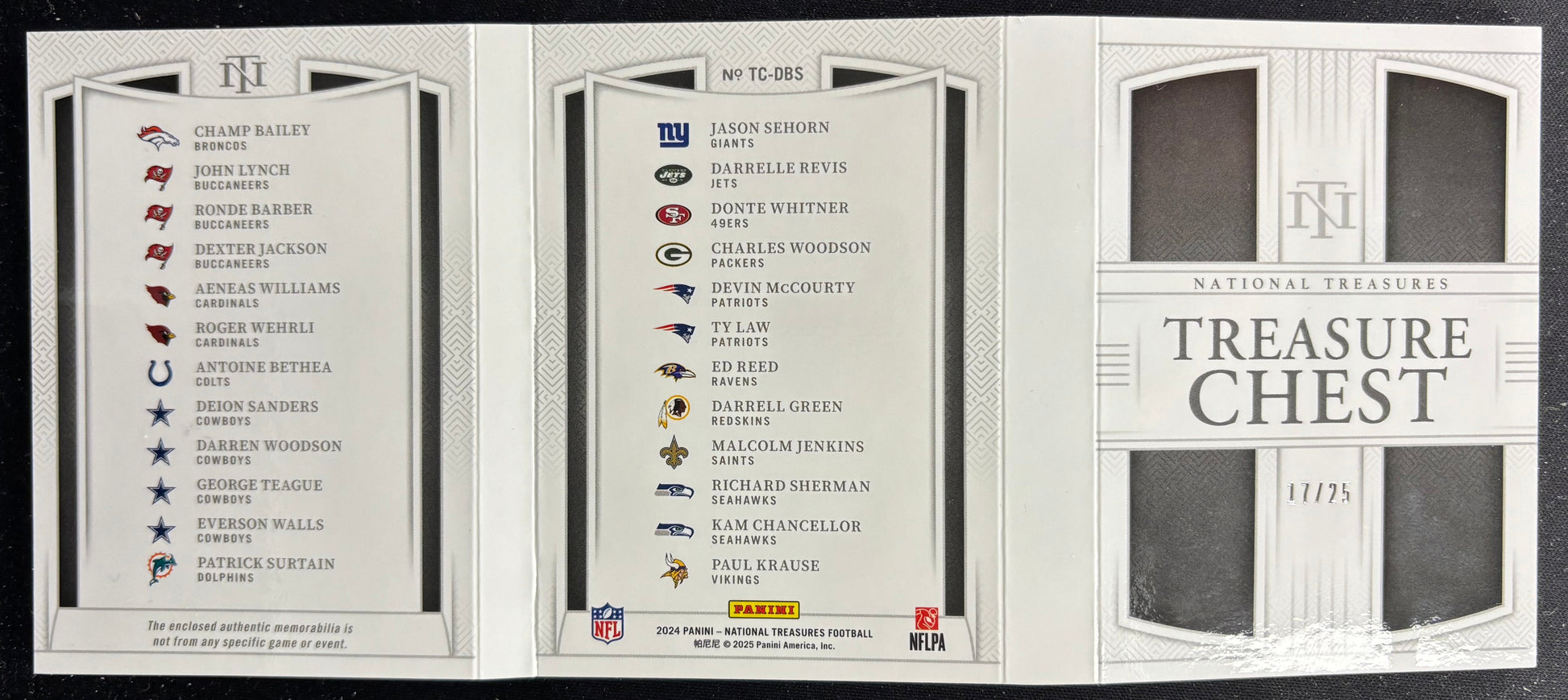 C Bailey J Lynch R Barber D Sanders D Woodson P Surtain D Revis C Woodson E Reed 2024 National Treasures Treasure Chest /25 Broncos Buccaneers Cardinals Colts Cowboys Dolphins Giants Jets 49ers Packers Patriots Ravens Saints Commanders Seahawks Vikings Sports Trading Cards