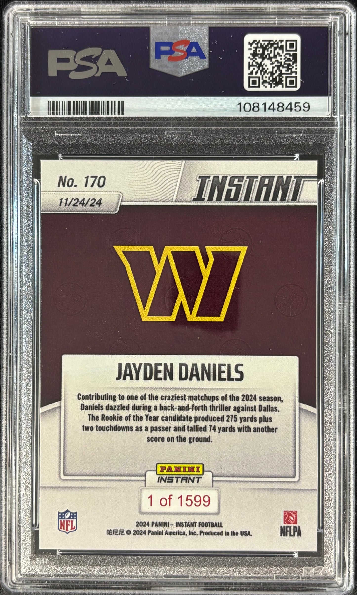 Jayden Daniels Panini Instant /1599 PSA 10 Rookie Commanders