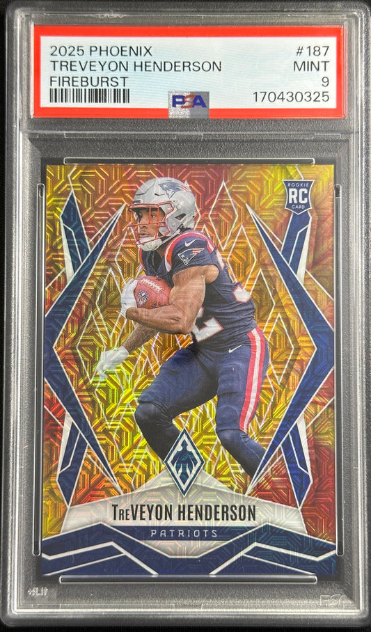 TreVeyon Henderson 2025 Panini Phoenix Fire Burst Prizm /350 PSA 9 Patriots 170430325 Sports Trading Card
