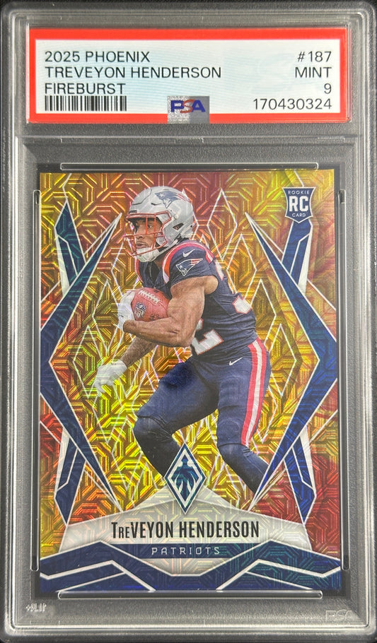 TreVeyon Henderson 2025 Panini Phoenix Fire Burst Prizm /350 PSA 9 Patriots 170430324 Sports Trading Card