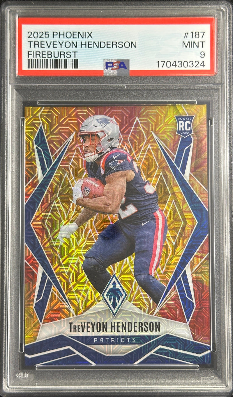 TreVeyon Henderson 2025 Panini Phoenix Fire Burst Prizm /350 PSA 9 Patriots 170430324