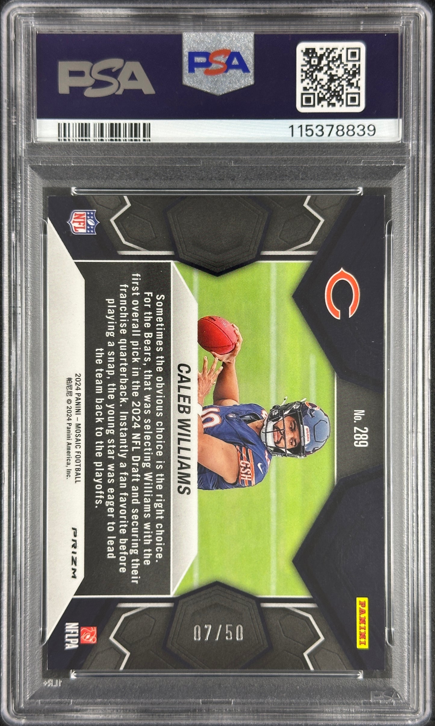 Caleb Williams /50 Purple No Huddle Mosaic NFL Debut Rookie PSA 10
