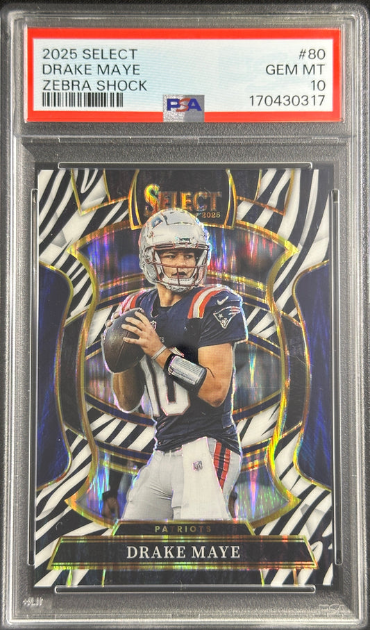 Drake Maye 2025 Panini Select Concourse Zebra Prizm Shock PSA 10 Patriots Sports Trading Card