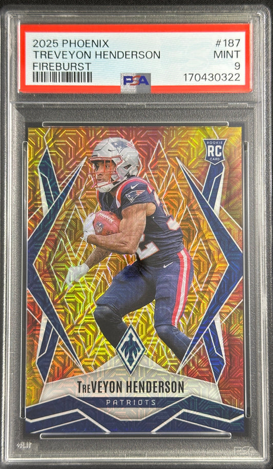 TreVeyon Henderson 2025 Panini Phoenix Fire Burst Prizm /350 PSA 9 Patriots 170430322 Sports Trading Card