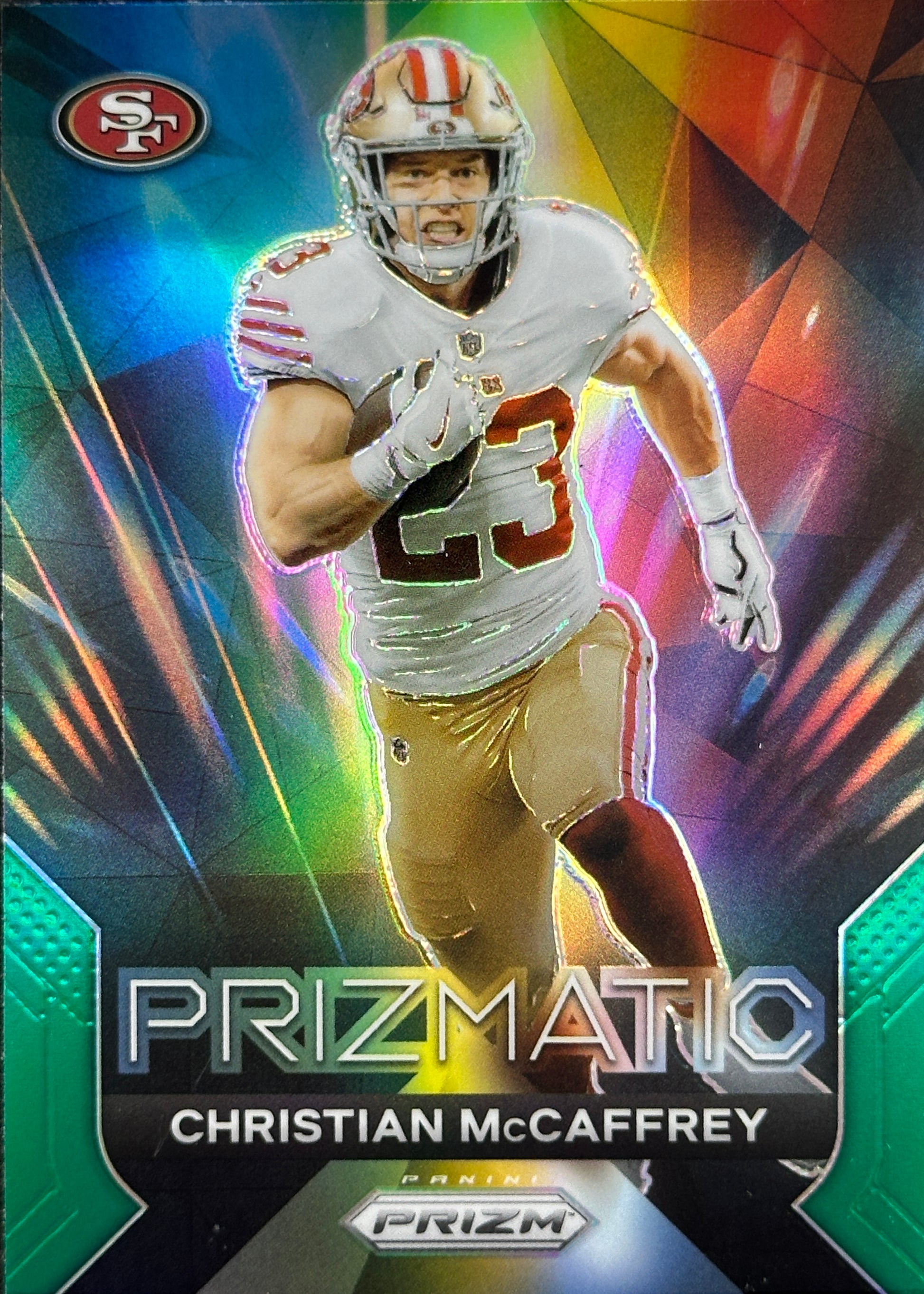 Christian McCaffrey Prizmatic Green Prizm 49ers Sports Card