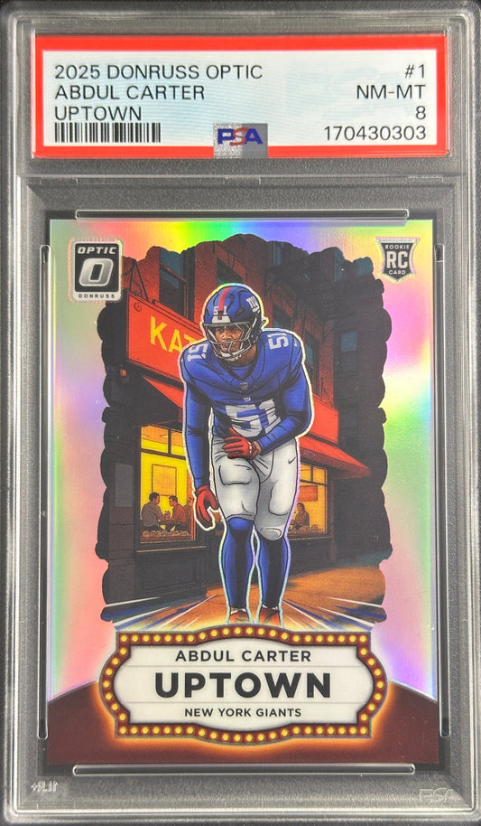 Abdul Carter 2025 Panini Donruss Optic Uptown PSA 8 Giants Sports Trading Card