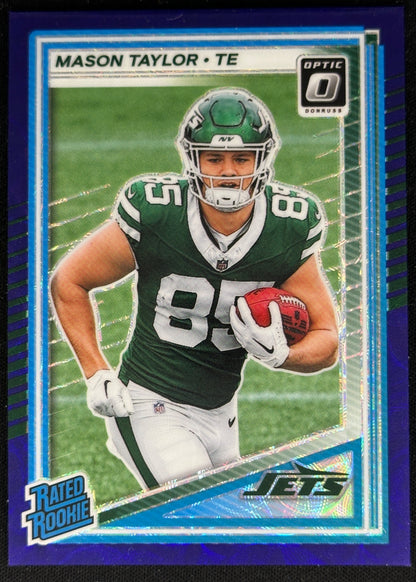 Mason Taylor 2025 Panini Donruss Optic Rated Rookie Purple Scope Prizm Jets