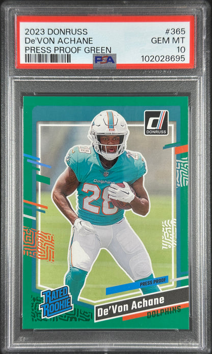 De’Von Achane PSA 10 Rated Rookie Green Press Proof Color Match Donruss Dolphins
