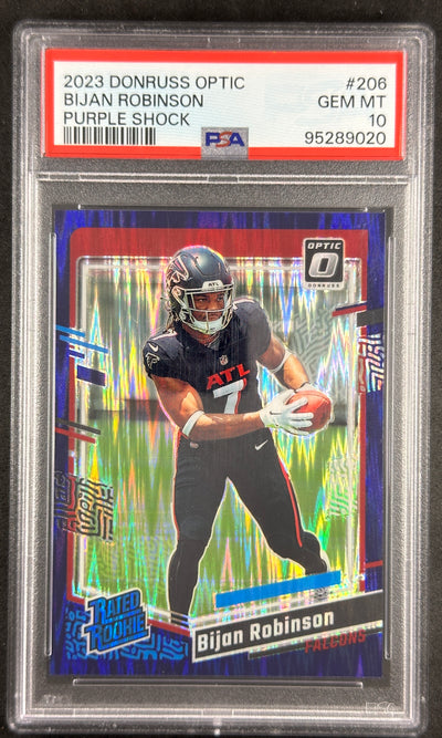 Bijan Robinson 2023 Optic Purple Shock GEM MT PSA 10 Falcons Sports Trading Cards