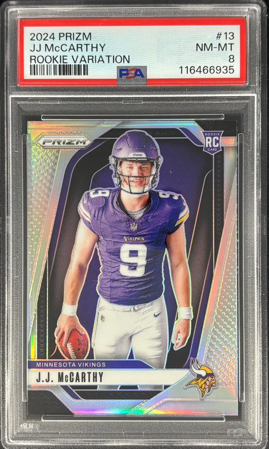 JJ McCarthy Prizm Variation Silver PSA 8 Rookie Vikings