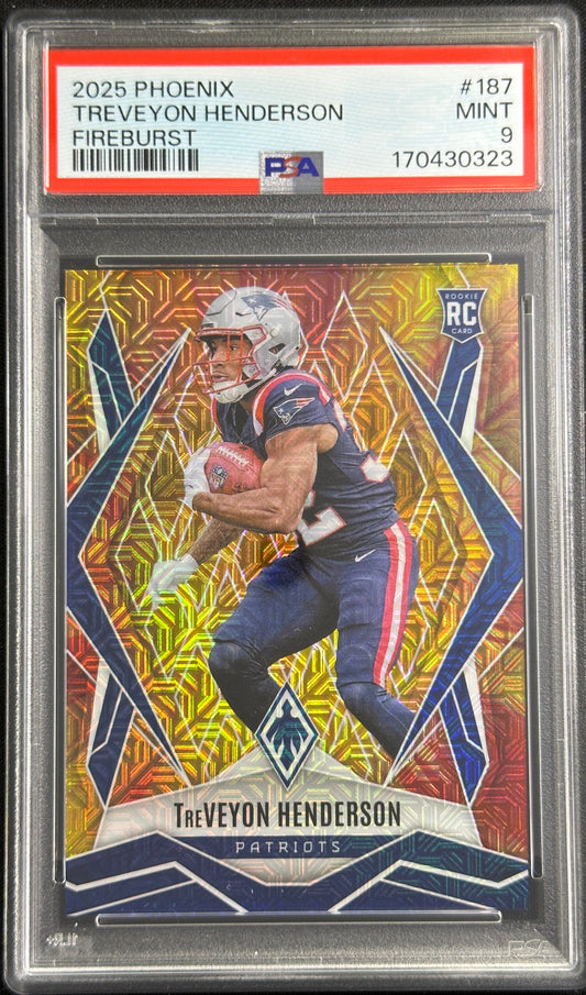TreVeyon Henderson 2025 Panini Phoenix Fire Burst Prizm /350 PSA 9 Patriots 170430323 Sports Trading Card