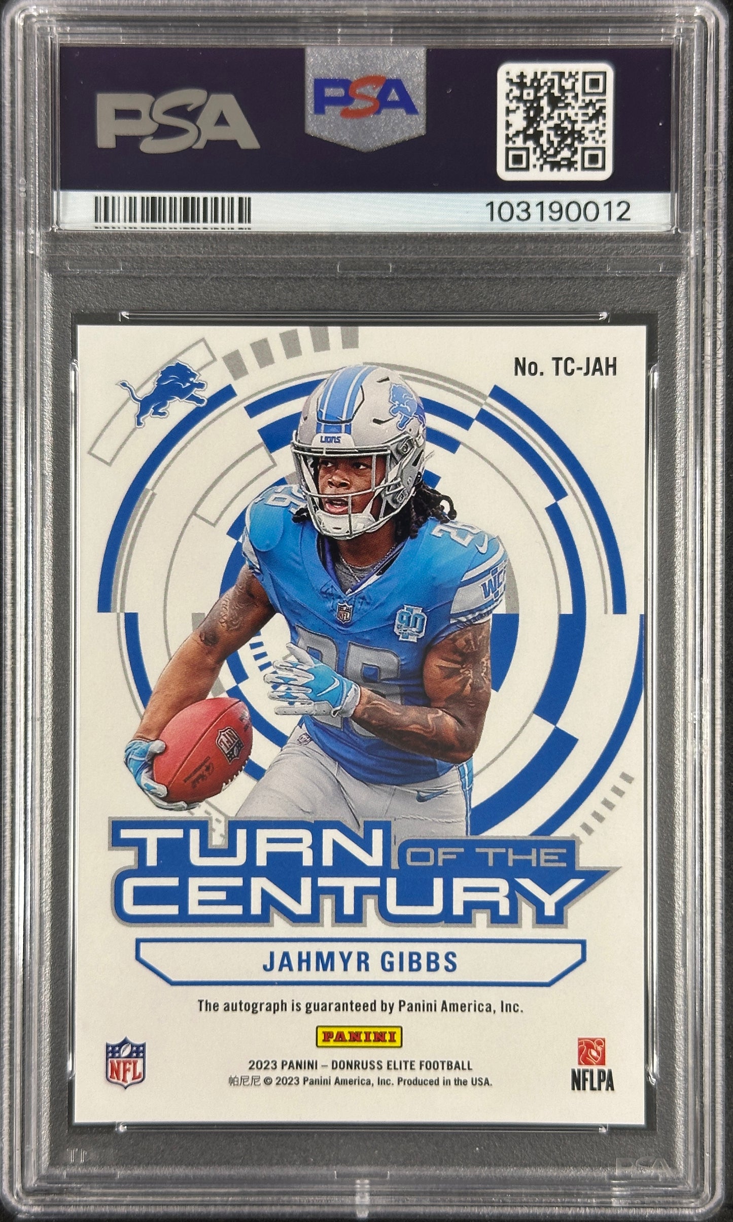 Jahmyr Gibbs /25 Turn Of Century Auto Blue (Color Match) Rookie Donruss Elite PSA 10 Lions