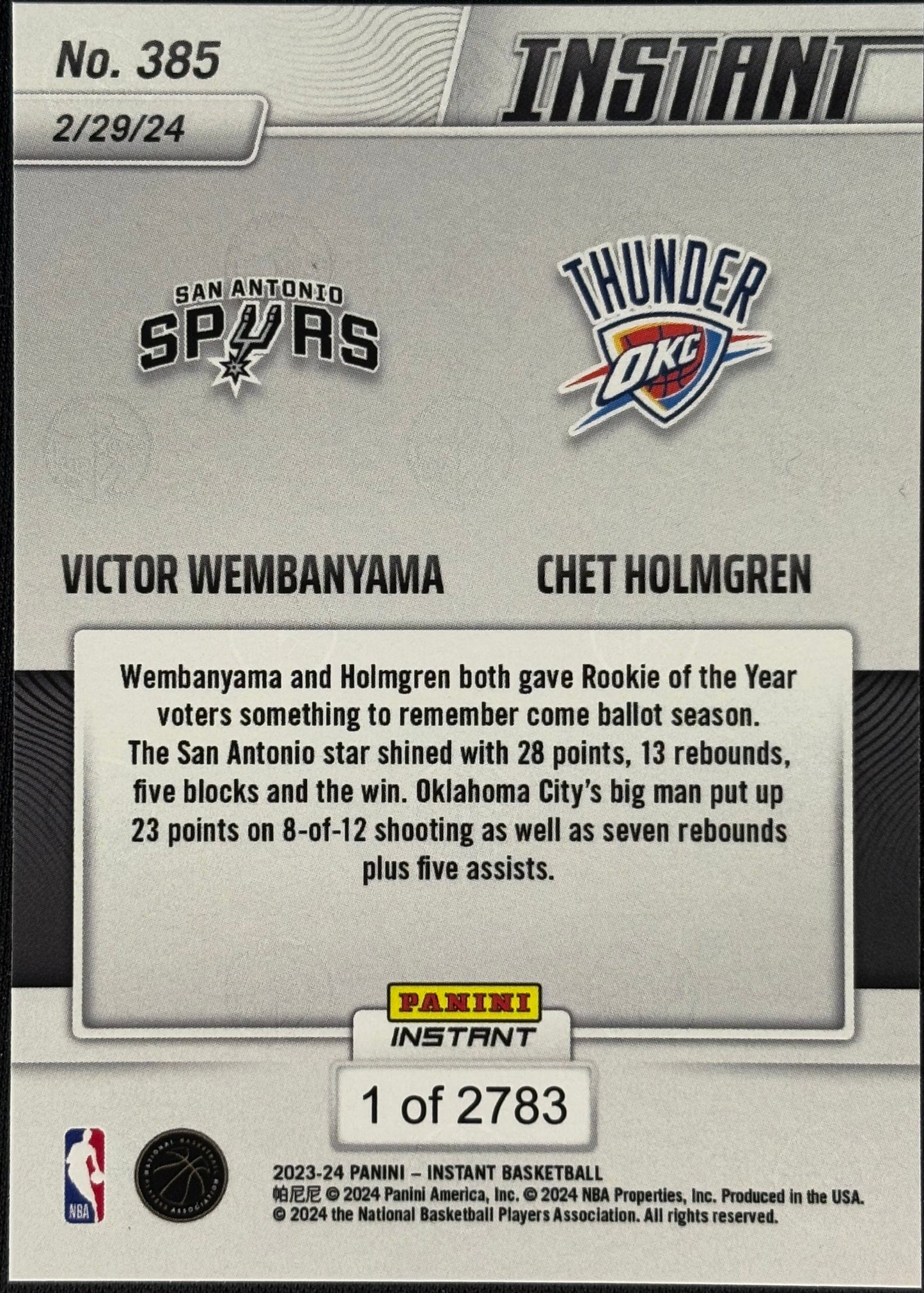 Victor Wembanyama Chet Holmgren Panini Instant /2783