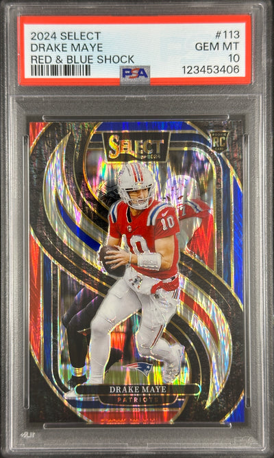 Drake Maye Select Red Blue Shock Premier Level PSA 10 Rookie Patriots