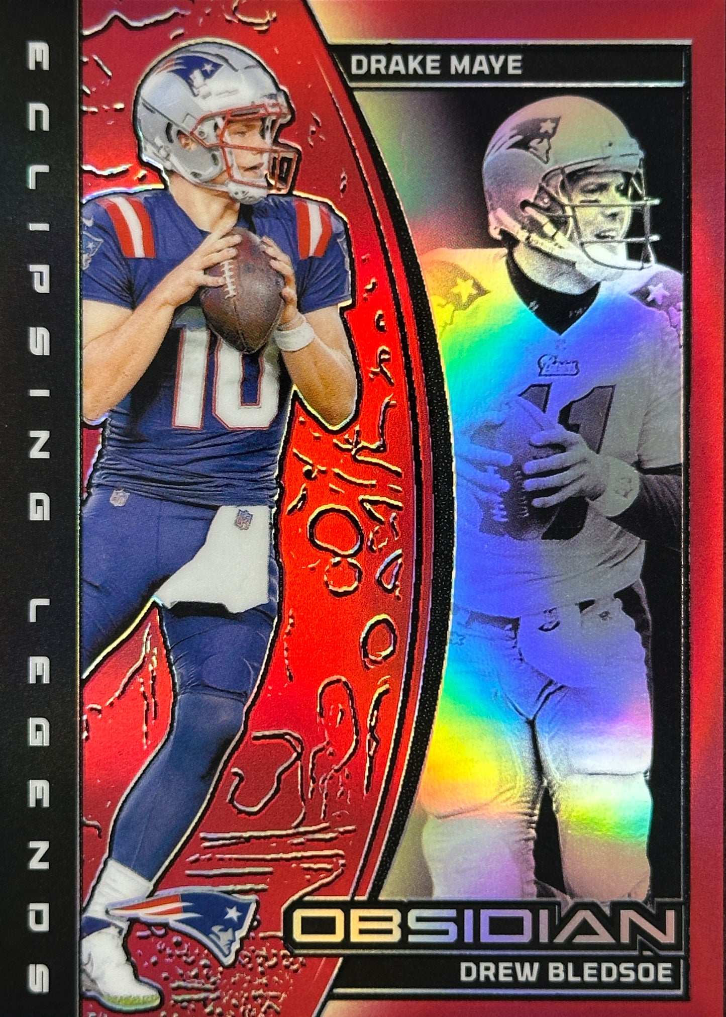 *Damaged* Drake Maye Drew Bledsoe /75 Red Eclipsing Legends Obsidian Patriots
