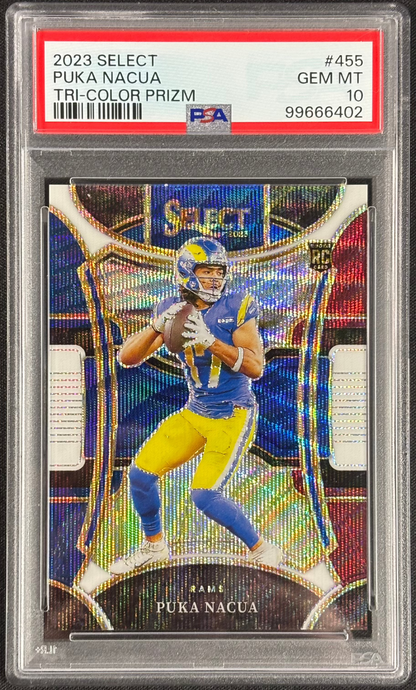 Puka Nacua 2023 Select Tri-Color /149 Prizm PSA 10 Gem Mt #455 Los Angeles Rams Suite Level