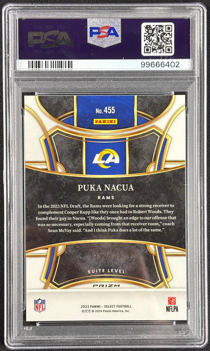 Puka Nacua 2023 Select Tri-Color /149 Prizm PSA 10 Gem Mt #455 Los Angeles Rams Suite Level