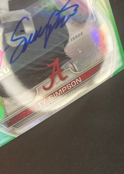 *Minor Damage* Ty Simpson 2022 University Chrome Prospect Auto Green Refractor /99 Crimson Tide Rams Sports Trading Cards