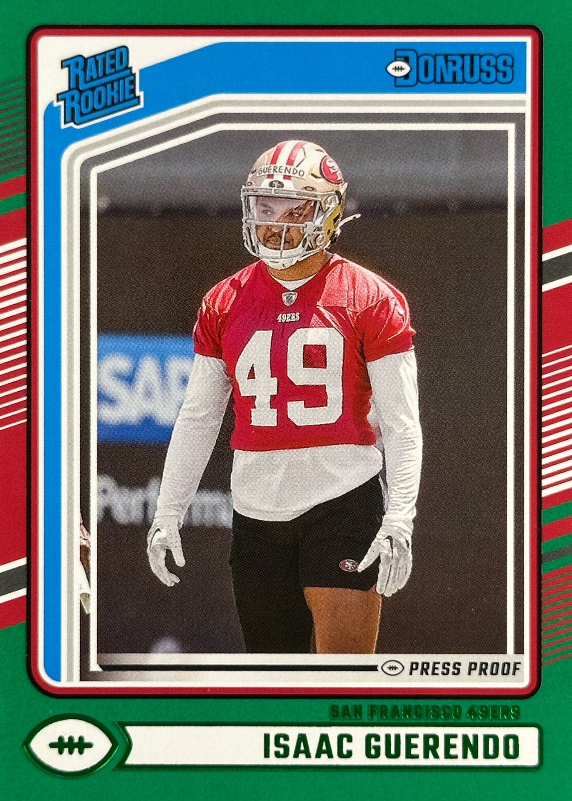 Isaac Guerendo Green Press Proof Donruss Rated Rookie 49ers Sports Card