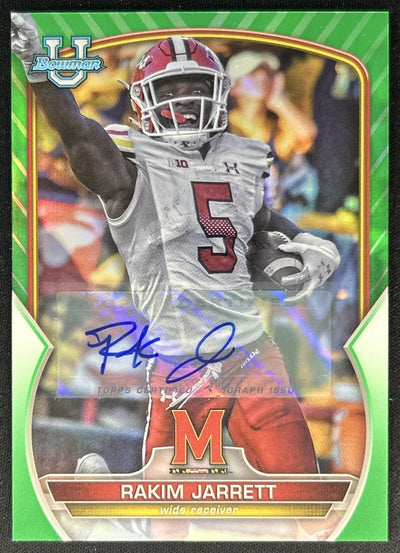 Rakim Jarrett 2022 Bowman University Chrome Prospect Auto Green Refractor /99 Front