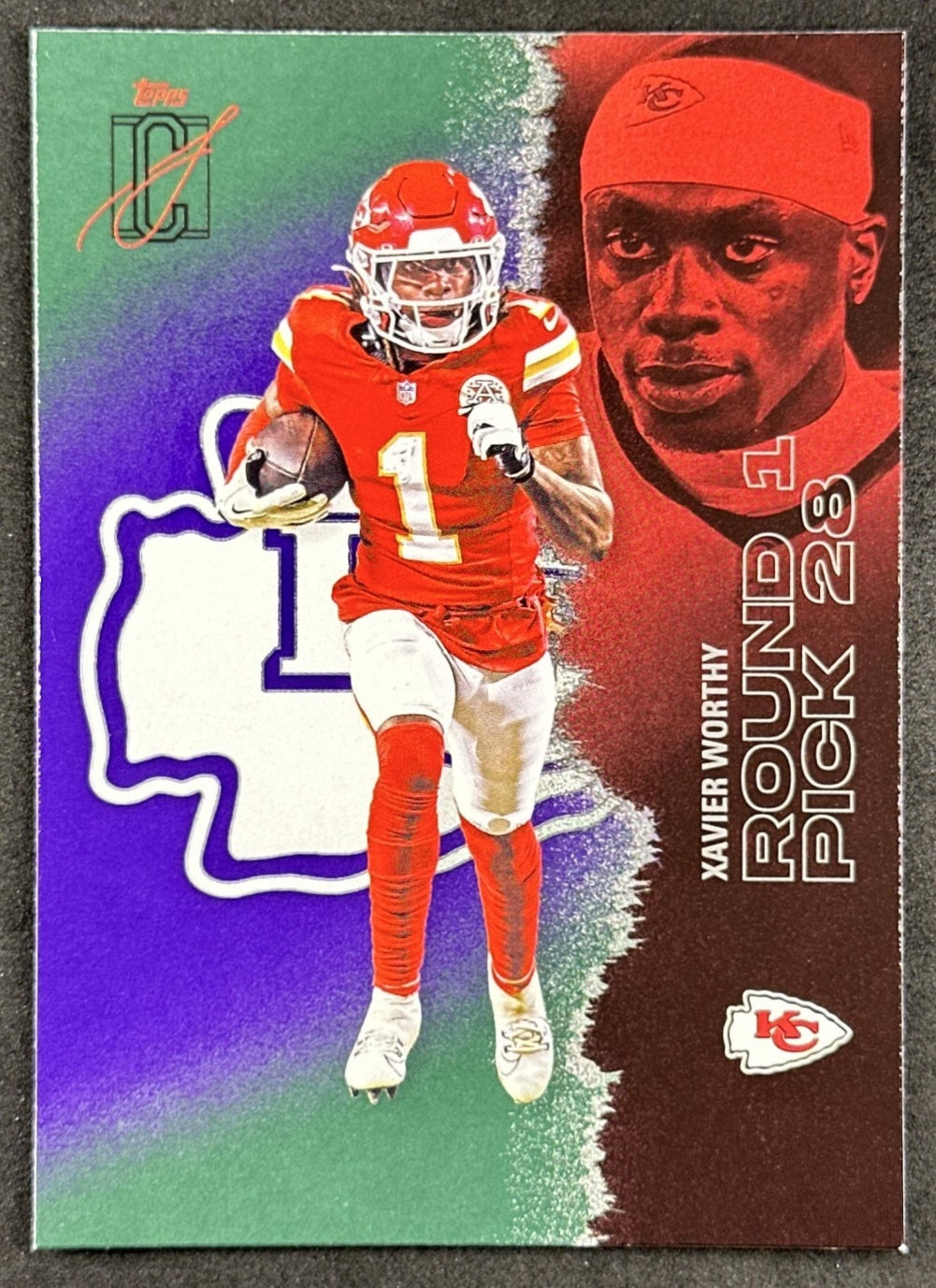 Xavier Worthy 2025 Topps Signature Class Veteran Green & Purple Foil Chiefs front