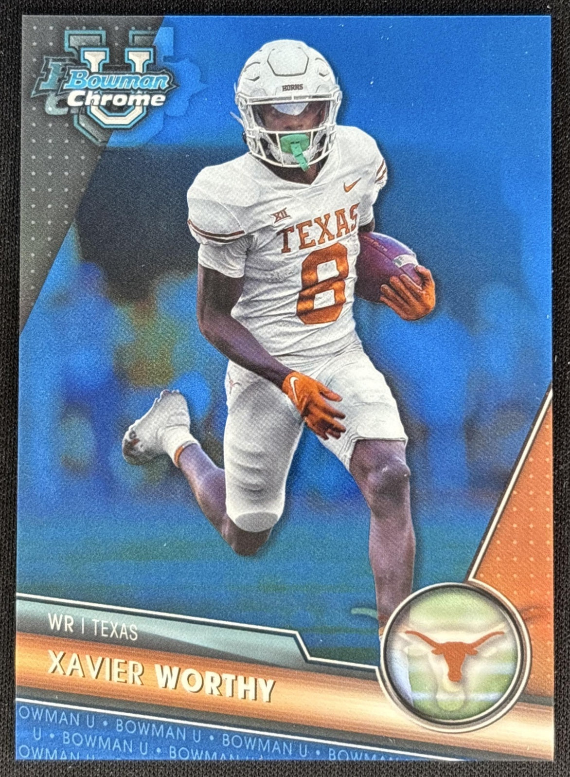 Xavier Worthy 2023 Bowman University Chrome Blue Refractor /199 Longhorns front
