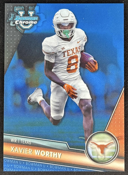 Xavier Worthy 2023 Bowman University Chrome Blue Refractor /199 Longhorns front