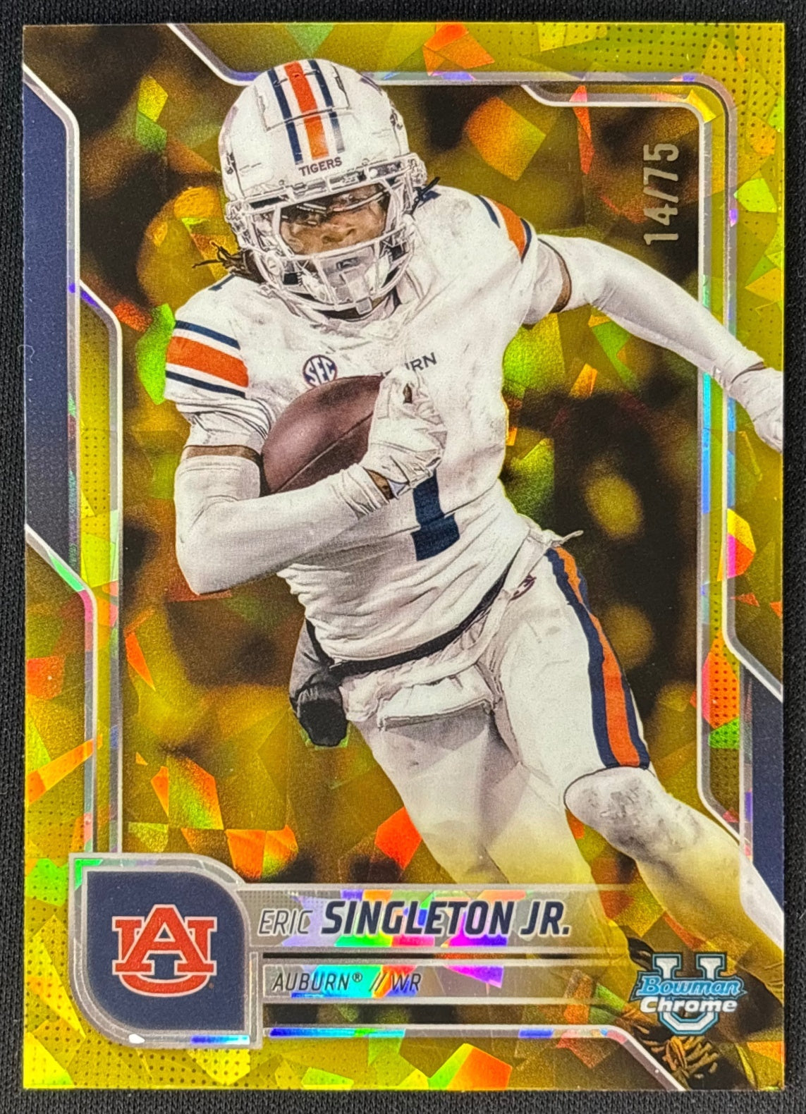 Eric Singleton Jr. 2025 Chrome University Sapphire Prospect Yellow Refractor /75 Tigers front | Wayne Collection